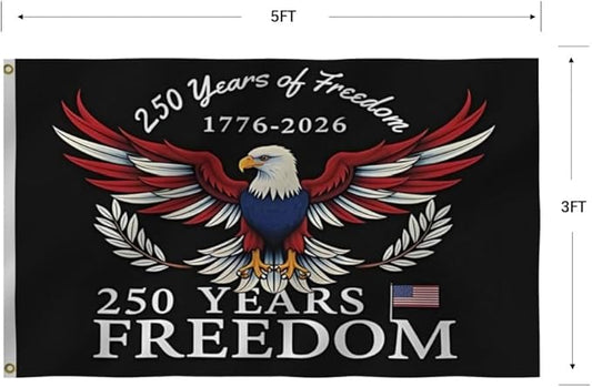 250 Years Of Freedom Blue Flags 3X5Ft, 250th Birthday Flag, Men Women Banner,Vibrant Colors, Double Stitched with 2 Brass Grommets, Bar Garden Street Decoration, GYM, Office Decor,Indoor Outdoor Use,Gifts. (Black, 3x5ft)