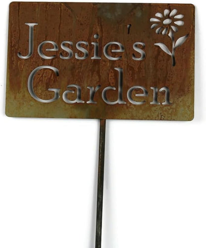 Classic Metal Garden Markers Clearance Items 20 to 33 Inches Tall (Jessie's Garden + flower, Naturally Rusted)