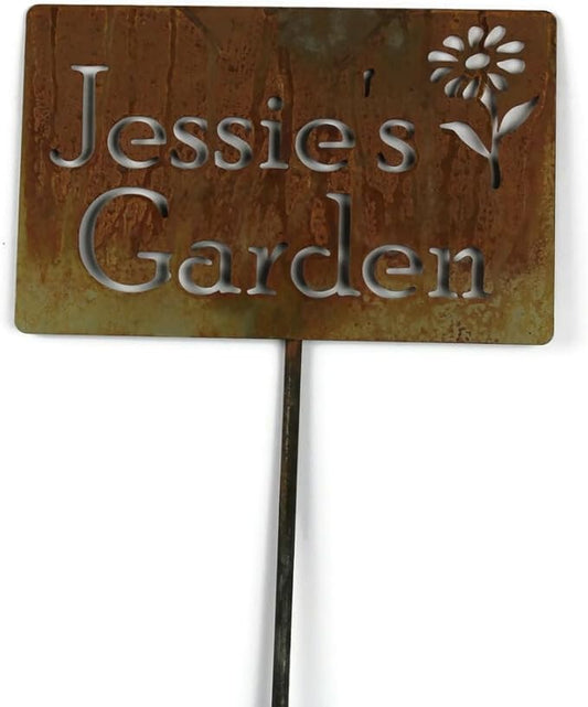 Classic Metal Garden Markers Clearance Items 20 to 33 Inches Tall (Jessie's Garden + flower, Naturally Rusted)