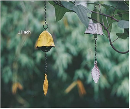 Set of 2, Japanese Lucky Small Wind Chimes Outdoor, Iwachu Cast Iron Temple Wind Bell Memorial Wind Chimes for Outside or Indoor Good Luck for Garden, Patio, Balcony(Pink and Yellow Leaf)
