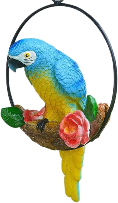 Hanging Parrot Garden Decor Resin Parrot Outdoor Decor Parrot on Perch Garden Sculpture Parrot Statue for Outdoor Garden Decorations Blue Garden.