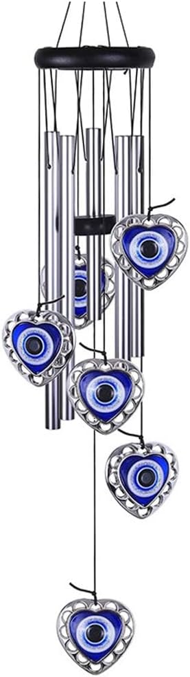 Blue Evil Eye Heart Wind Chimes, Metal Tubes Hanging Ornaments, Car Outdoor Garden Decor (Heart)