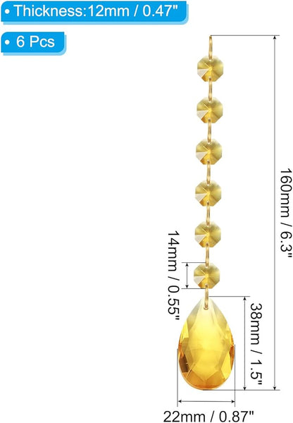 PATIKIL Teardrop Crystal Chandelier Pendants Beads, 6 Pack 160mm Length 38mm Chandelier Prisms Parts Ornaments Hanging Beads for DIY Arts Crafts Decoration, Gold Tone