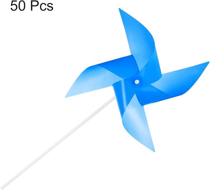 HARFINGTON 50pcs Windmills for The Yard Garden 17" x 11" 4 Leaves Pinwheels Wind Mills Spinners Windproof Waterproof Bird Devices with Stakes for Patio Decor, Dark Blue