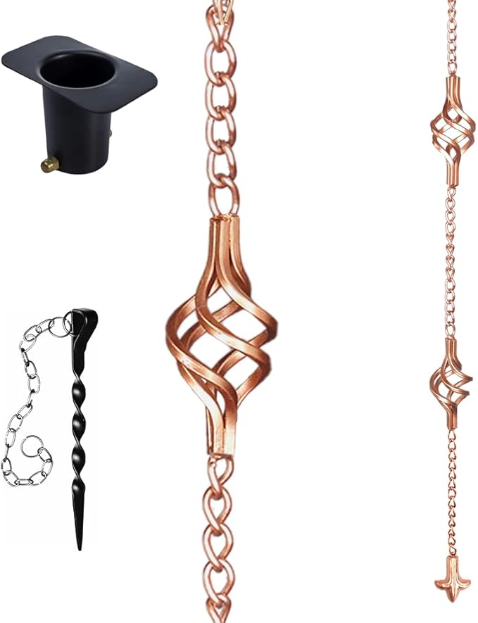 8.5FT Rain Chains with Spiral Bird Cage Rain Chain Cups, Rain Catcher for Gutters, Decorative Copper Rainwater Diverter Rain Chimes for Garden Decor,Replacement for Outside Gutter Downspouts in Spring