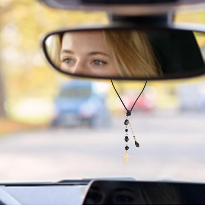Cross Hanging Ornament Black Glass Crystal Bead Charm Suncatcher Car Mirror Pendant Accessories Good Luck Keychain for Bag Window Car Mirror Door Garden Balcony Home Decor