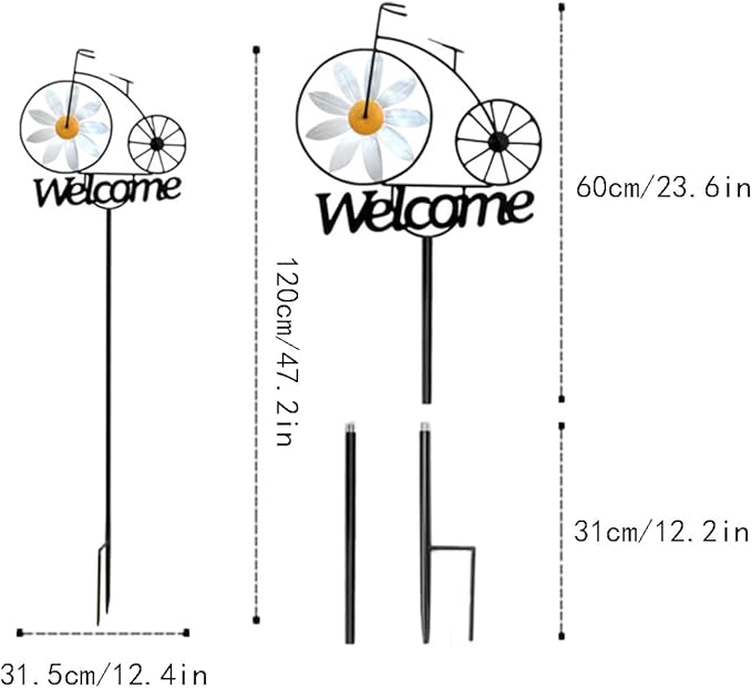 Metal Wind Spinner, 47" Tall Bicycle Wind Sculptures, Daisy Flower Windmill Bike Pinwheel Garden Stake Welcome Sign for Patio Lawn Farm Backyard Decorations