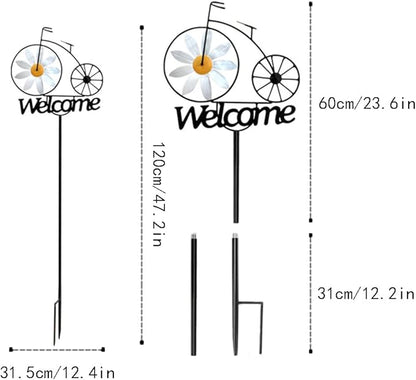 Metal Wind Spinner, 47" Tall Bicycle Wind Sculptures, Daisy Flower Windmill Bike Pinwheel Garden Stake Welcome Sign for Patio Lawn Farm Backyard Decorations