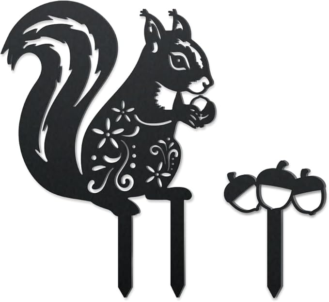 WADORN Squirrel Hazelnut Decorative Silhouette Garden Stakes, Metal Squirrel Stakes Statues Ornaments Lovers Gifts Yard Art Black Silhouette Yard Outside Decor for Backyard Patio Decor