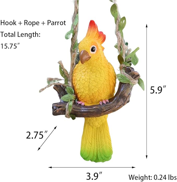 Resin Parrot Hanging Tropical Decor Outdoor Porch Tree Tiki Bar Decorations Outdoor Hanging Bird Sculpture for Christmas Tree Plant Patio Lawn Yard Porch Balconies Decor (Yellow)