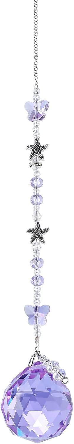 Crystal Suncatcher Hanging Purple Glass Sun Catcher Butterfly Glass Beads 40mm Prism Ball Pendant for Windows, Garden Decor Rainbow Maker Gifts for Christmas