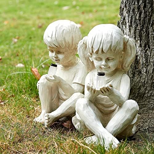 Large Garden Children Statues Light Up Firefly Jar Solar Powered | Set of 2 Figurines | Girl & Boy Garden Yard Art Décor, Indoor & Outdoor Ornament Gifts for Lawn, Patio , 7.5" W x11. 8”H Cream Gift