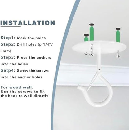 4 Pcs White Ceiling Hooks for Hanging Plants Holder with Safety Buckle,Ceiling Decor Hook Heavy Duty,Metal Plant Hanger Indoor&Outdoor.Hooks for Hanging Plants,Wind Chime,Bird Feeders (White)