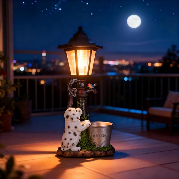 Solar Dalmatian Dog Garden Statue with Light-13 inches - Outdoor Waterproof decor with automatic lighting，perfect for Lawn,Patio, Yard-with Bucket & Bird Figurine for Dog Lovers, Mom, Grandma