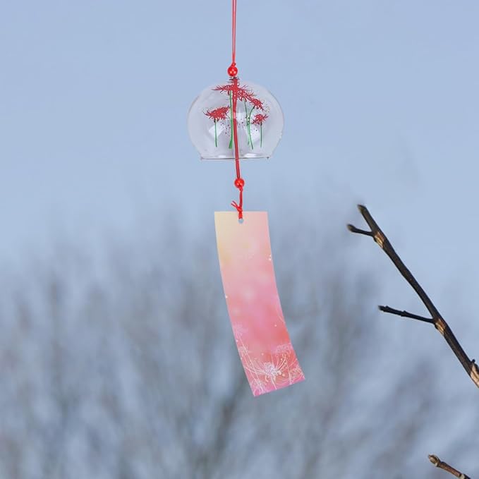 PartyKindom Japanese Glass Wind Chime - Hand-Painted Furin Bell for Outdoor Garden, Patio and Home Decor - Aesthetic Zen Hanging Ornament for Summer Festival, Cherry Blossom Pattern