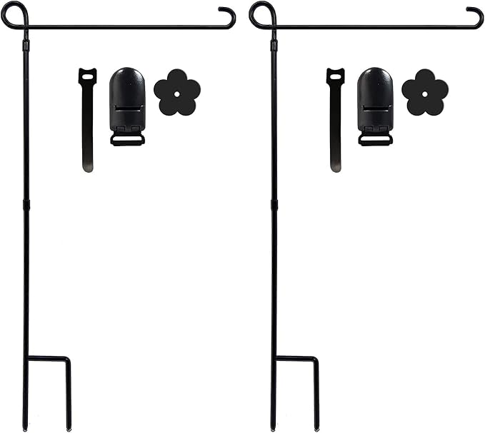 2PC Garden Flag Holder Stand, Premium Yard Flag Holder Weather-Proof Metal Powder-Coated Flagpole with Clip and Stopper for Easter Garden Flag, Spring Garden Flag, Outdoor Garden Decor