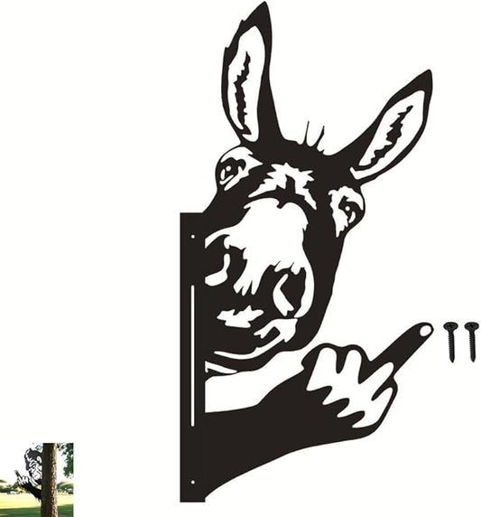 Funny Peeking Squirrel Metal Sign, Middle Finger Garden Yard Art Decor, Rustic Animal Wall Ornament for Tree, Fence, Outdoor Farmhouse, Bigfoot Gag Gift (#Donkey A, 15")