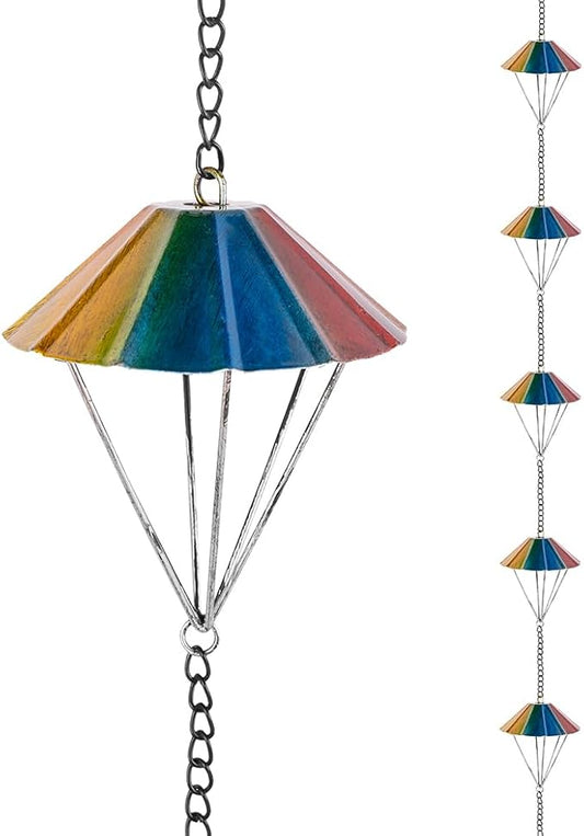 9.6 Ft Rain Chains for Outside, Colorful Parachute Shape Rain Catcher Chain with 10 Cups for Eaves Drainage, Replacement Downspout for Gutters