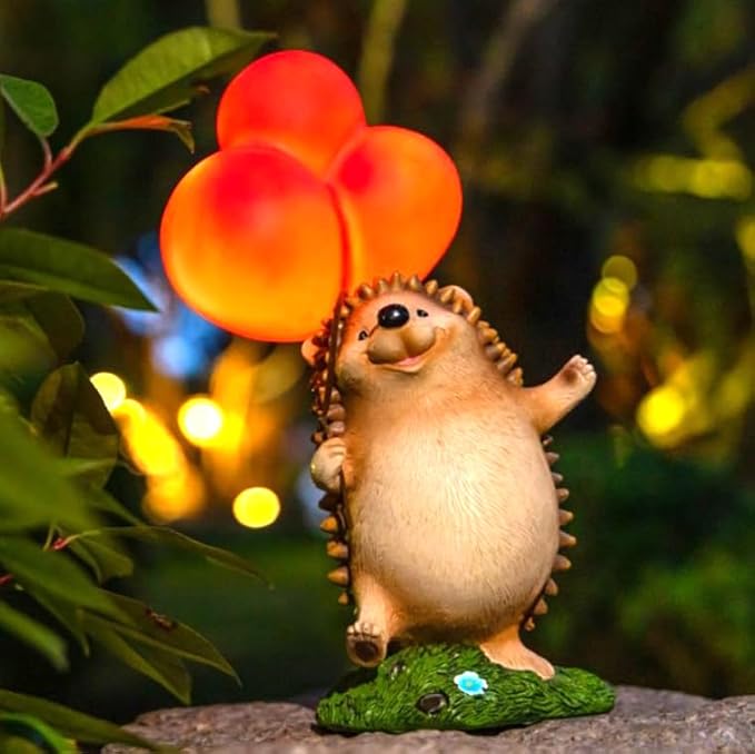 WHIMSYNOOK Hedgehog Figurine with Balloon – Solar LED Garden Statue & Whimsical Gift Décor, 10.4" Resin Cute Animal Light for Porch, Lawn, Yard, Housewarming, or Birthday