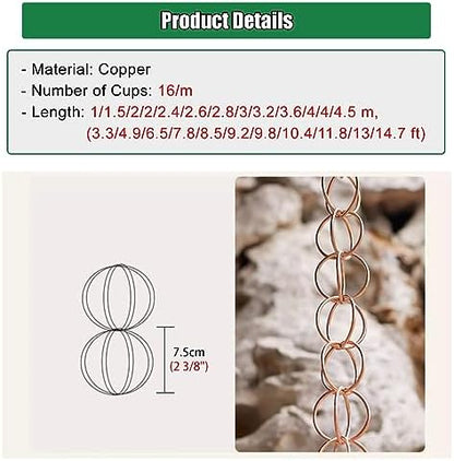 Decorative Rain Chains Waterfall, Copper Rain Gutter Chain Downspout Catcher, 5ft 6ft 7ft 8ft 9ft Decorative Rain Chain for Porch Patio Deck Garden, Outside Divert Water Chains (4.5m/14.7ft)