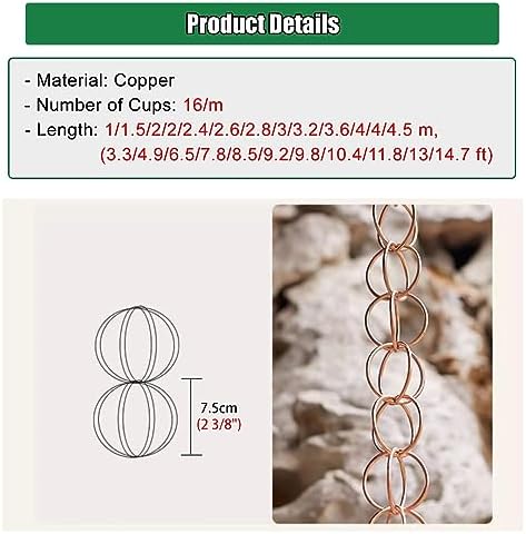Decorative Rain Chains Waterfall, Copper Rain Gutter Chain Downspout Catcher, 5ft 6ft 7ft 8ft 9ft Decorative Rain Chain for Porch Patio Deck Garden, Outside Divert Water Chains (2.1m/7 ft)