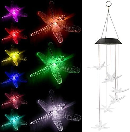 Tvoip Color Changing LED Solar Power Lamp Dragonfly Wind Chimes Garden Decoration Yard Waterproof LED Light Lighting Hanging Decor (Dragonfly)