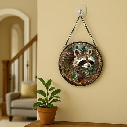 Stained Glass Window Hanging - 11.8in Forest Raccoon with Pines Sun Catchers Indoor Stained Glass Panels Wall Decor for Mom,Wife,Lovers,Festive