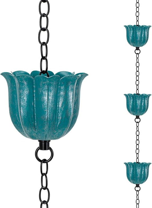 8ft Rain Chains for Gutters, Lotus Rain Chain with 10-Cup, Adjustable Rain Catcher Chain with Bell, Replacement Downspout for Gutters, Eaves, Drainage