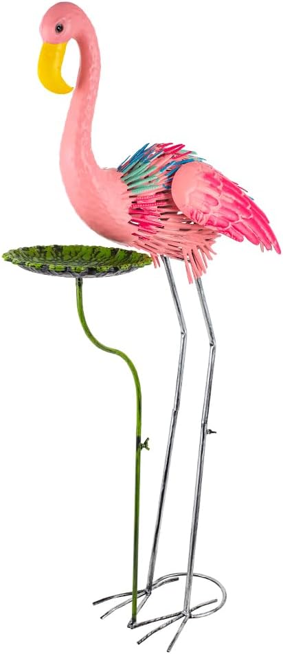 Large Flamingo Garden Statue, Metal Pink Flamingo Outoor Statue with Leaf Tray, Lawn Flamingos Ornaments Bird Art Yard Decor for Garden, Backyard, Present for Woman(38.58 Inch Tall)
