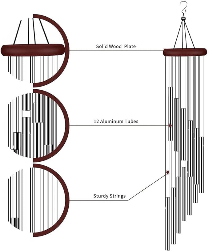 Premium Wind Chimes, Metal Wind Chimes with 12 Hollow Aluminum Tubes, Sliver Wind Chime for Party Home Garden Yard Patio Decor, Gift etc, 23 Inch