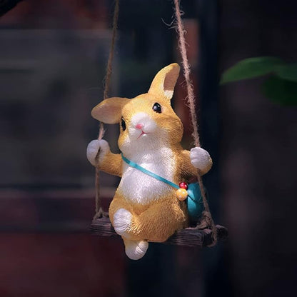 WAYUTO Swing Garden Rabbit Statue Ornament Decorative Hanging Hammock Animal Figurines Cute Resin Rabbit Figure Outdoor Funny Garden Decor for Patio Yard Lawn Fence Pathway Backyard Landscape Tree
