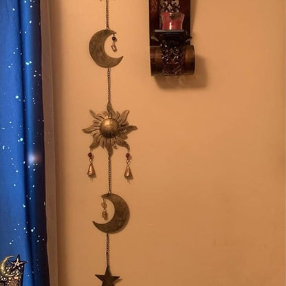 43 Inch Metal Sun Moon Star Wind Chime – Antique Bronze Celestial Wall Hanging with Bells – Handcrafted Boho Home & Garden Decor for Balcony, Patio, Porch, Entryway.