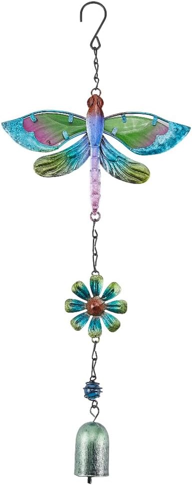 GORGECRAFT Dragonfly Wind Chime Green Metal Iron Waterproof Animal Dragonflies Flower Floral Decoration Glow Wind Catcher Chimes with Bell for Indoor Outdoor Home Garden Festival Party