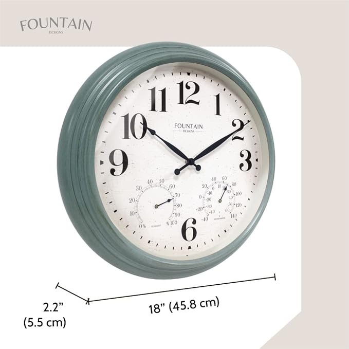 18 Inch Maison in/Outdoor Clocks Waterproof, Large Outdoor Clock Thermometer Combo, 3 in 1 Weather Stations,Aged Teal
