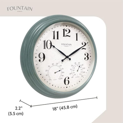 18 Inch Maison in/Outdoor Clocks Waterproof, Large Outdoor Clock Thermometer Combo, 3 in 1 Weather Stations,Aged Teal