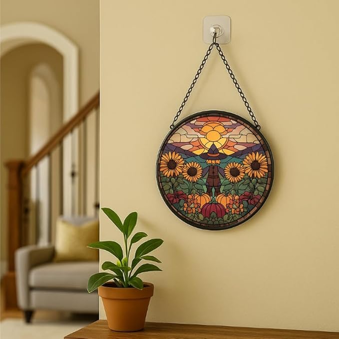 Stained Glass Window Hanging Scarecrow Sunflower and Pumpkin Sun Catchers Panel for Indoor Decorative Display for Mom, Wife, Lovers, Festive