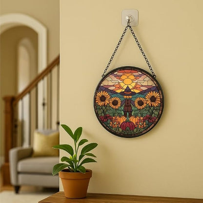 Stained Glass Window Hanging Scarecrow Sunflower and Pumpkin Sun Catchers Panel for Indoor Decorative Display for Mom, Wife, Lovers, Festive
