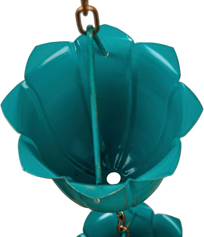 Evergreen Garden Blue Flower Cups Metal Rain Chains for Gutters | 6 ft. Long | Rain Catcher Chain Replacement Downspout | Decorative Rain Chains for Outside Garden Balcony Porch