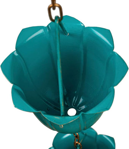 Evergreen Garden Blue Flower Cups Metal Rain Chains for Gutters | 6 ft. Long | Rain Catcher Chain Replacement Downspout | Decorative Rain Chains for Outside Garden Balcony Porch