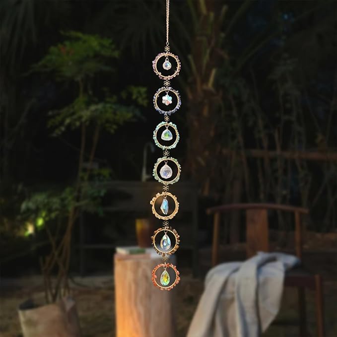 Chakra Hanging Crystals Natural Gemstone Decor Window Sun Catcher 7 Chakra Spheres Gemstone Wall Hangings Healing Crystal Decor Handmade Decoration Gift for Mom