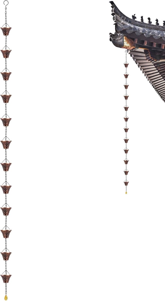 Pure Copper Garden Rain Chain 9FT Decorative Downspout Extension with 12 Cups for Roof Garden Gazebo Drainage Water Flow Outdoor Home Decor