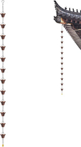 Pure Copper Garden Rain Chain 9FT Decorative Downspout Extension with 12 Cups for Roof Garden Gazebo Drainage Water Flow Outdoor Home Decor