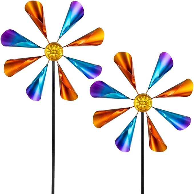 DREAMYSOUL 2 Pack Wind Spinners Outdoor, 10" Dia Metal Pinwheels for Yard and Garden, Kinetic Wind Sculptures & Spinner Outside (Colorful)