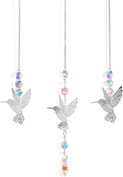 Hummingbird Crystal Sun Catchers 3-Pack, with Metal Bird Decorations, Suitable for Window Decoration, a Gift for Ladies, and for Outdoor Courtyard and Garden Decoration as Well as Home Decoration.