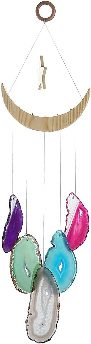 Nupuyai Wind Chimes - Unique Agate Slices Geode Stone Wind Chimes Indoor Outdoor, Healing Stone Windchime Hanging Ornament for Home Garden, 15.7-19.7'', Rainbow Agate