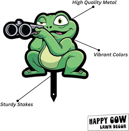 Garden Outdoor Small Metal Art 7"x 6" Weather Resistant Lawn Ornaments Sturdy Stakes Yard Sign Decoration for Patio (Frog with Shotgun)