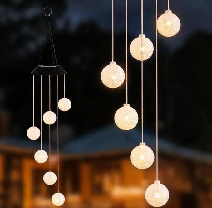Warm White Crystal Ball LED Light Solar Wind Chime Lamp，Solar Lights Outdoor Waterproof for Balcony, Garden, Terrace and Courtyard Decoration. (Warm White)
