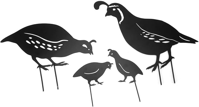 Semme 4pcs Handcrafted Metal Quail Family Yard Decor Unique Iron Art Stake Statue for Garden and Outdoor Spaces
