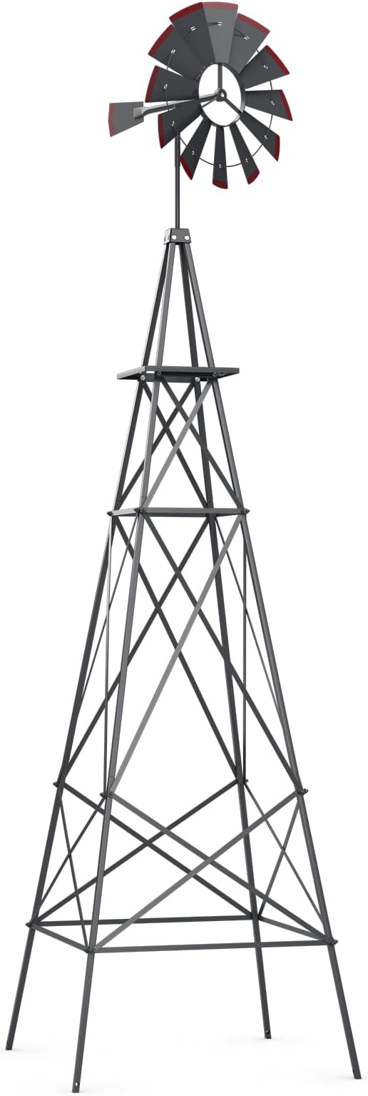 Tangkula 8.3FT Windmill Yard Garden Metal Ornamental Wind Mill Weather Vane Weather Resistant (Grey)