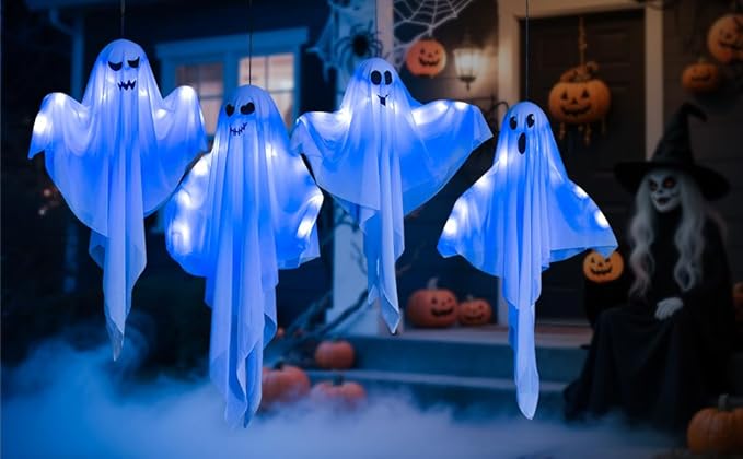4 Pack Halloween Hanging Ghost Decorations, 27.5" Light Up Spooky Floating Ghosts with Blue LED, Outdoor & Indoor Haunted House, Porch, Yard, Party Decor, Patio Lawn Garden